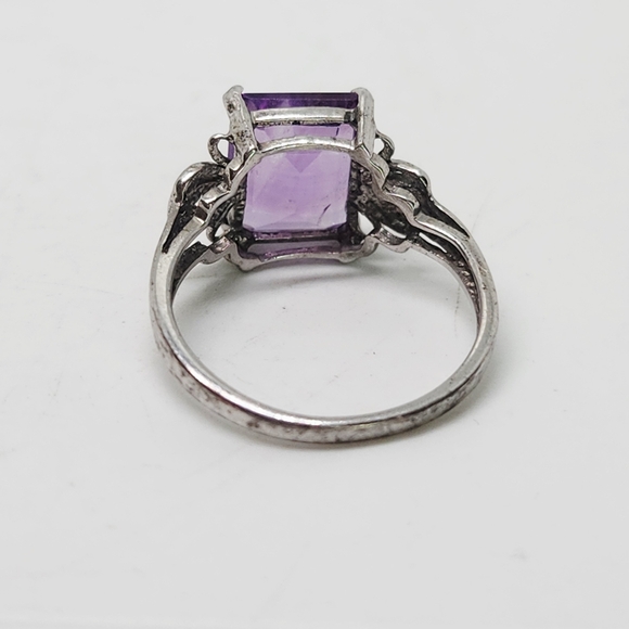 Vintage Art Deco Sterling Silver Emerald Cut Amethyst Diamond Accent Ring 6.25 - Picture 7 of 10